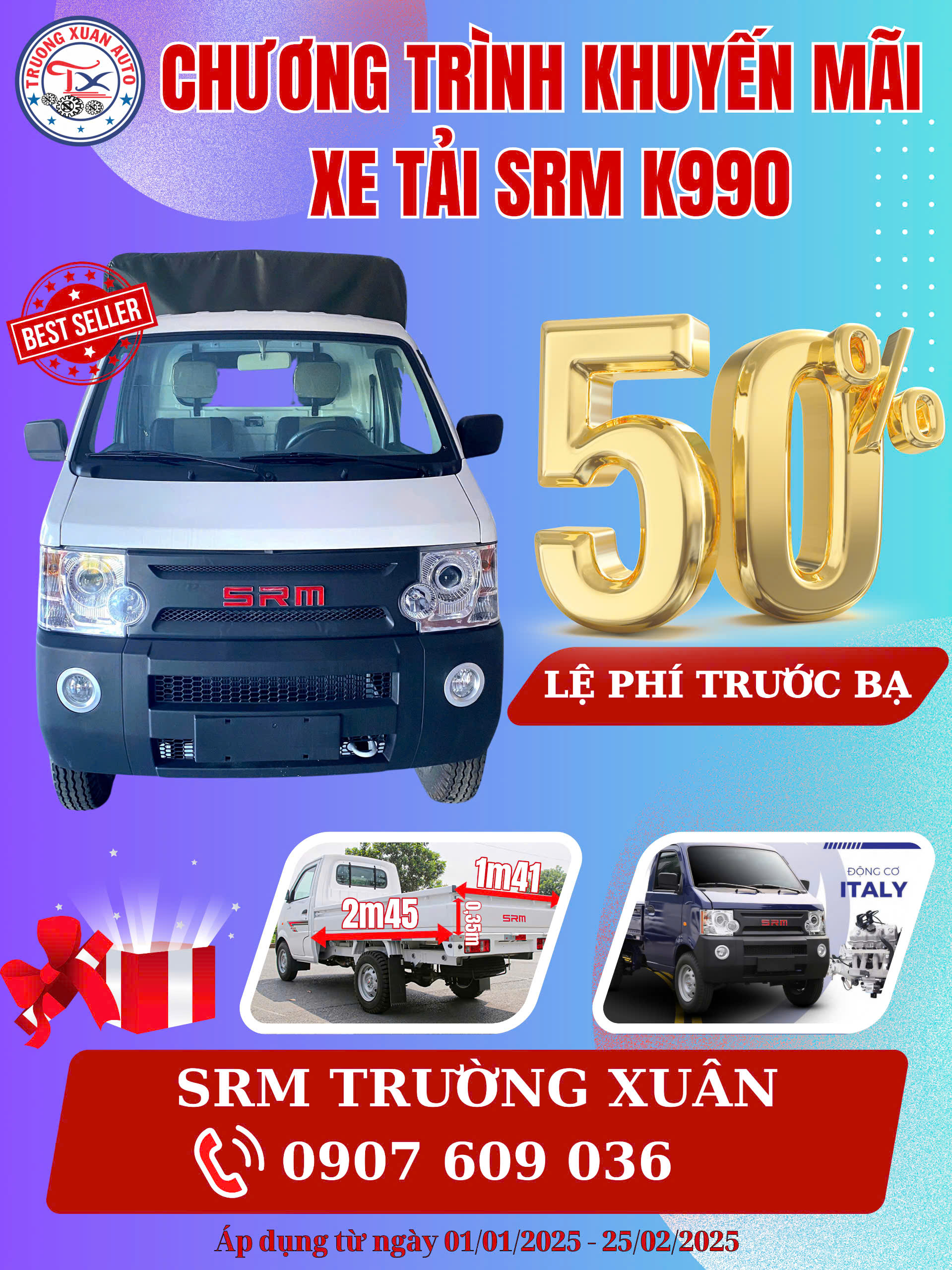 Xe tải srm k990 khuyến mãi 50% Lệ Phí Trước bạ